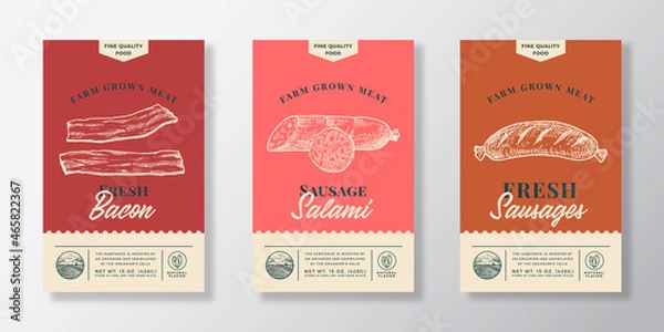 Fototapeta Meat Abstract Vector Packaging Labels Design Set. Modern Typography Banner, Hand Drawn Bacon, Salani and Sausage Sketch Silhouettes. Color Paper Background Layouts Collection Isolated