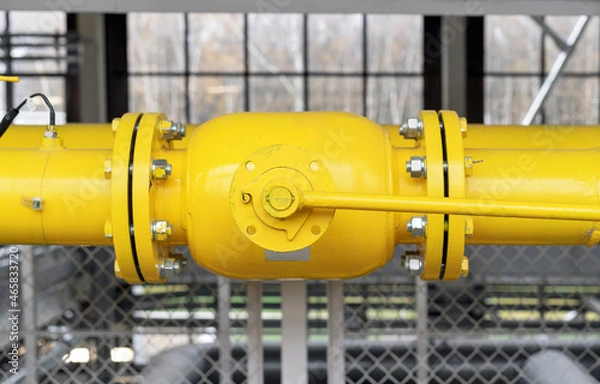 Fototapeta Gas shut-off valve at gas processing station. Valve on the gas boiler house.