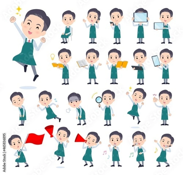 Fototapeta スマートフォンなどのデジタル機器を持つスーパーマーケット店員男性のセット