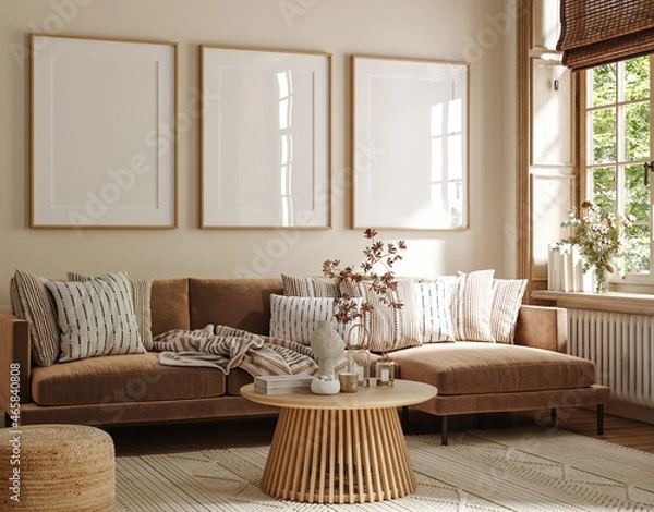 Fototapeta Poster frame mock-up in home interior background, living room in beige and brown colors,3d render
