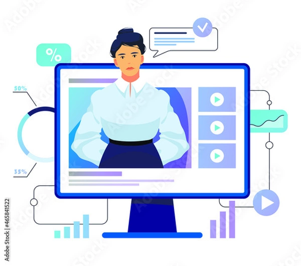 Fototapeta Online education. Courses, webinars. Isolation, work from home. Vector illustration. Character design.