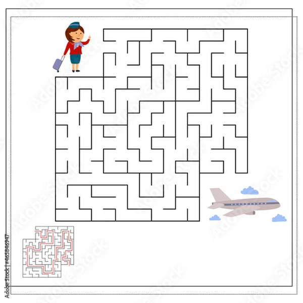 Fototapeta A logic game for children, go through a maze, a flight attendant and an airplane. vector isolated on a white background.