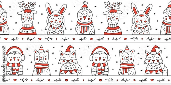 Obraz Cute animals ornament. Christmas seamless pattern. Winter doodle background. Ideal for wrapping paper, textiles and holiday decorations. Vector illustration.