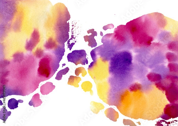 Fototapeta Abstract colorful Watercolor two big blobs on white background. Hand drawn rainbow colored Drops. Splash in the paper. Autumn colors. Red, pink, yellow and orange, violet and purple Watercolour Blots
