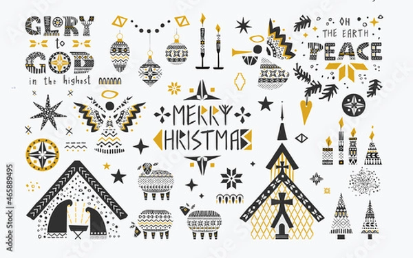 Obraz Monochrome christmas vector illustration set in scandinavian folk style.Good for greeting cards, interior or textile prints in hygge style and as separated elements for festive grafic designs.