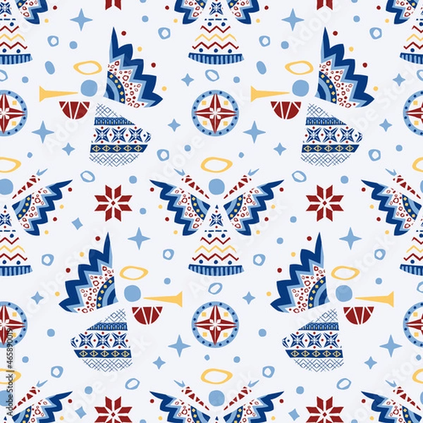Obraz Vector seamless pattern with angels and stars in scandinavian folk style. Good for winter holidays textile and wrapping designs.