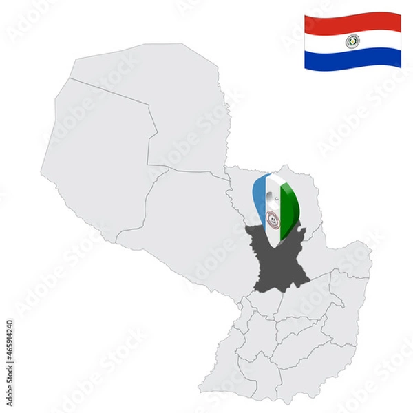 Obraz Location San Pedro Department on map Paraguay. 3d location sign similar to the flag of San Pedro. Quality map  with  provinces Republic of Paraguay for your design. EPS10