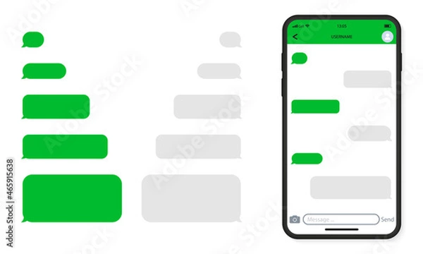 Obraz Template of Messenger Chat in Mobile Phone. Mockup of Smartphone and Empty Talk Speech Bubble Icon. Telegram messenger. Interface of Mobile App. Isolated Vector Illustration