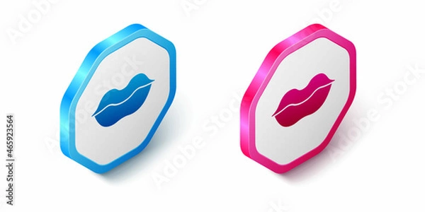 Fototapeta Isometric Smiling lips icon isolated on white background. Smile symbol. Hexagon button. Vector