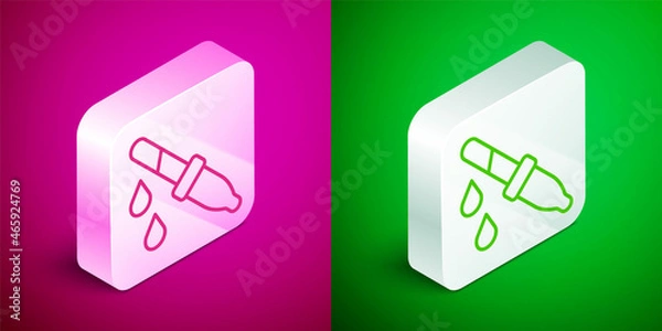 Fototapeta Isometric line Pipette icon isolated on pink and green background. Element of medical, chemistry lab equipment. Medicine symbol. Silver square button. Vector