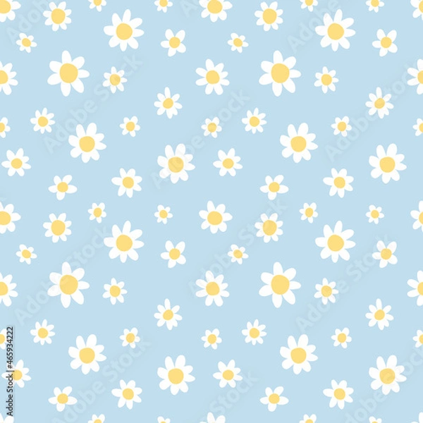Fototapeta Chamomile on blue background. Cute seamless simple pattern. Modern summer flat style.