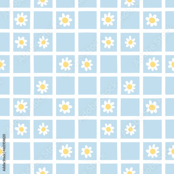Fototapeta Chamomile in white lattice on blue background. Cute seamless pattern. Summer and spring texture great for fabric and paper.