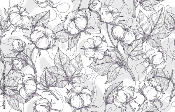 Fototapeta Vector, seamless, black and white pattern of cotton flowers drawing lines. Cotton branches with leaves are suitable for fabric, textiles, clothing, web pages, wallpapers, backgrounds, colorings