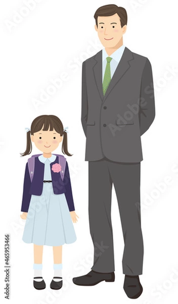 Fototapeta 並んで立つ新入生の女の子とお父さん