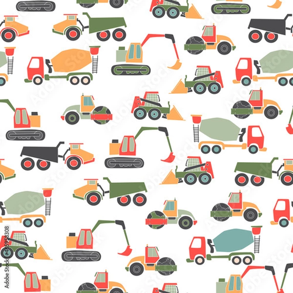 Fototapeta Cute vector seamless pattern with hand drawn  construction objects: bulldozer, excavator, crane, tractor, loader. Doodle illustration. Child print.