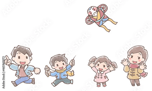 Fototapeta 凧揚げをする親子四人のイラストセット水彩風
