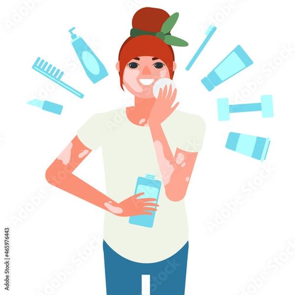 Obraz Woman with vitiligo has a morning routine, vector illustration. 