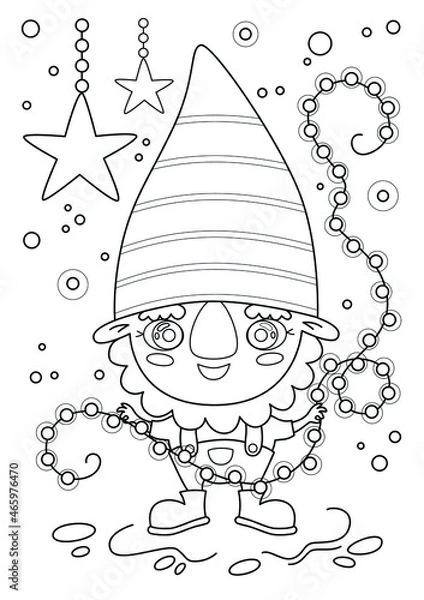 Fototapeta Cartoon page for coloring book with a dwarf holding a garland, hand-drawn vector illustration.