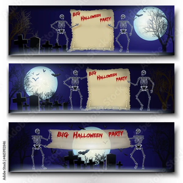 Fototapeta Set of Halloween vector banners with skeletons, big full moon and space for text.