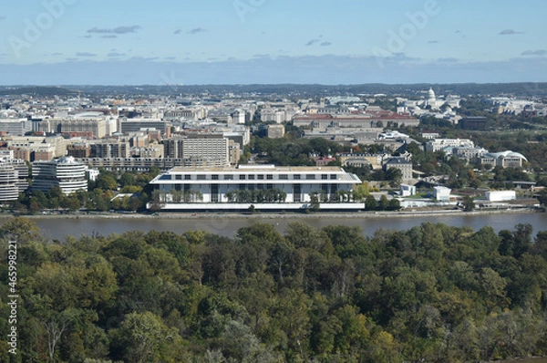 Fototapeta Washington, DC, USA - October 27, 2021: Aerial View of the John F. Kennedy Center for the Performing as Seen from Across the Potomac River in the Tallest Skyscraper in Arlington on a Bright Fall Day