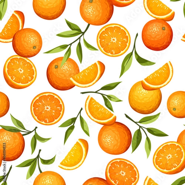 Fototapeta Vector seamless pattern with citrus orange fruit and green leaves on a white background.