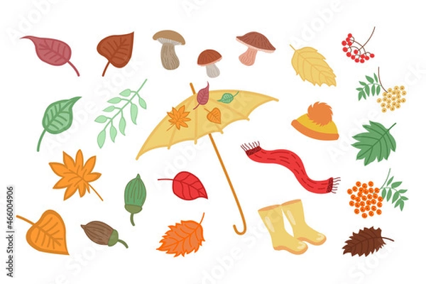 Fototapeta Set of autumn elements for design and decoration. Autumn elements leaves, mushrooms, clothes, umbrella. Autumn postcard design. Vector illustration in doodle style.
