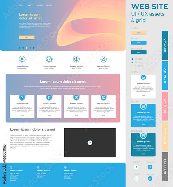 Fototapeta Web site UI design assets with isolated interactive elements, banner with abstract waves, color scheme, three main colours