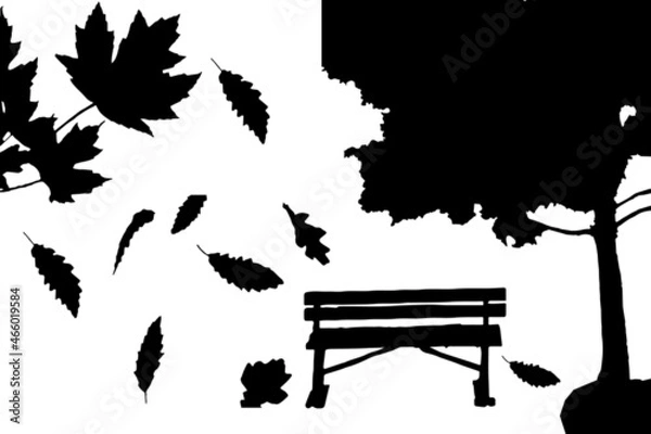 Fototapeta Autumn leaves and wood black silhouette. Set of autumn leaves, berries, nuts and tree isolated. Black silhouette on a white background. Vector illustration