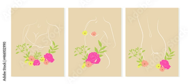 Fototapeta A banner of a beauty and women's health salon in a fashionable natural shade. Illustration of female body with flowers and leaves