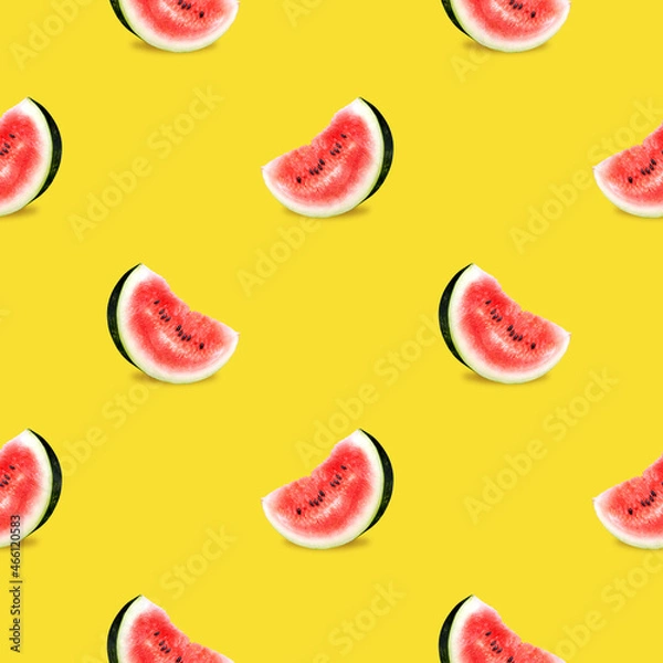 Fototapeta Slices of ripe watermelon on a bright background, seamless pattern.