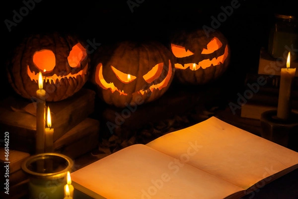 Fototapeta Three smiling jack o lantern with bright light inside. Blank sheet book with place for text. Special for Halloween celebrations.