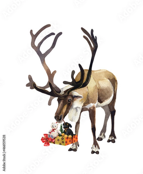 Fototapeta Watercolor reindeer with new year gifts and christmas tree