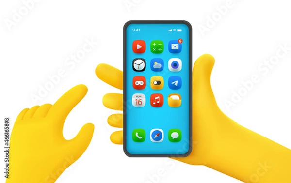 Fototapeta Hand holding modern smartphone and selecting mobile application. Comic 3d style vector illustration