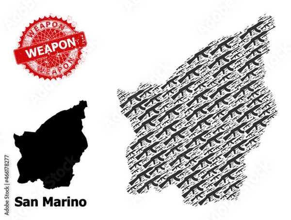 Fototapeta Scratched Weapon seal, and San Marino map collage of kalashnikov gun icons. Red round stamp seal contains Weapon tag inside it. San Marino map collage is designed of kalashnikov gun items.