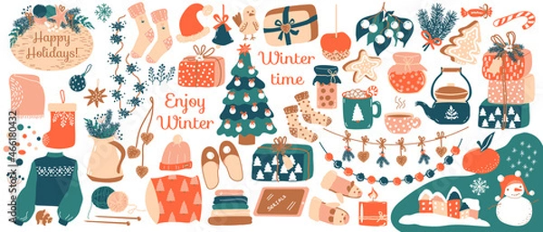 Obraz Winter set. Vector items of hand drawn elements of clothes, kitchenware, gift boxes, garlands, gingerbread, candy, christmas toys. Trendy objects for cozy winter time