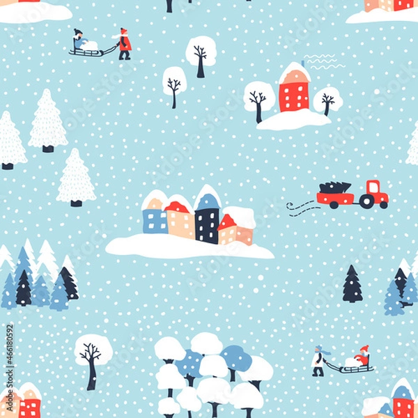 Obraz Winter pattern with cozy houses, white trees, snowfall, people and truck. Snow landscape. Vector background. Ideal for design of fabric, cards, wrapping paper for Merry Christmas, Happy New year