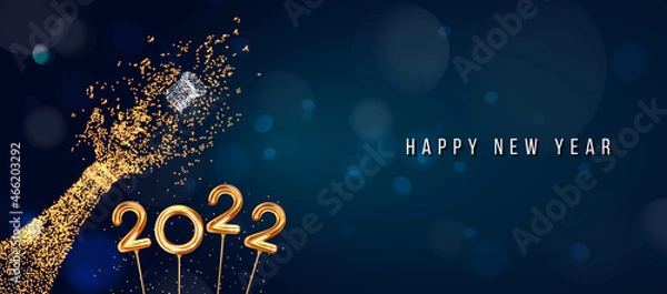 Obraz 2022 New Year. 2022 Happy New Year greeting card. 2022 Happy New Year background isolated on transparent background. 2022 Happy New Year background with gold glitter champagne bottle.
