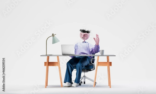 Fototapeta Awesome Travor greets with a hand on camera on laptop. Online communication concept. Highly detailed fashionable stylish abstract character isolated on white background. 3d rendering