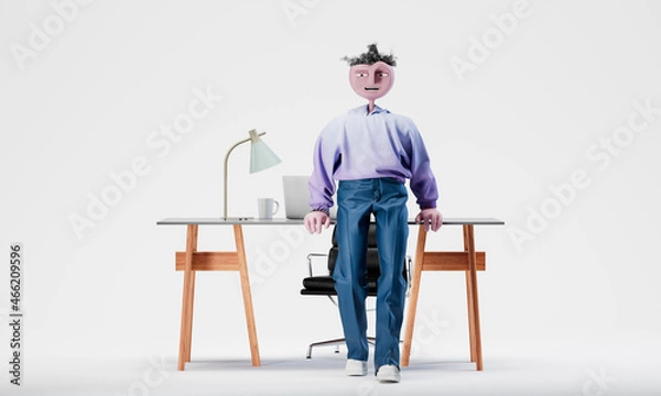 Fototapeta Awesome Travor standing leaning on the desktop like a boss. Highly detailed fashionable stylish abstract character isolated on white background. 3d rendering