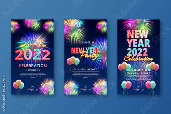 Obraz Festive new year eve social media stories collection with fireworks and realistic balloon