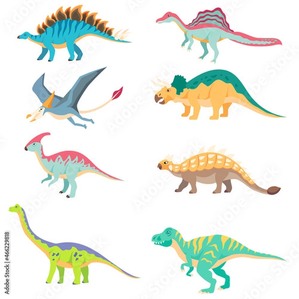Fototapeta Dinosaur cartoon isolated set.  Spinosaurus, Pterodactyl, Triceratops, Parasaurolophus, Ankylosaurus, Brachiosaurus, Tyrannosaurus