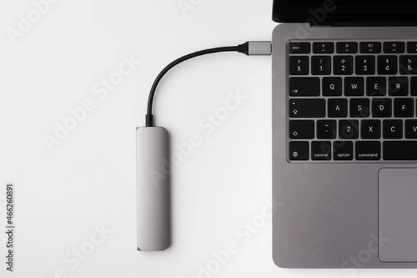 Obraz Close-up photo of type-c hub connected to laptop