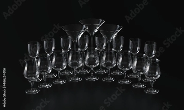Fototapeta Lots of wine glasses of different shapes. Dark background. 3d rendering