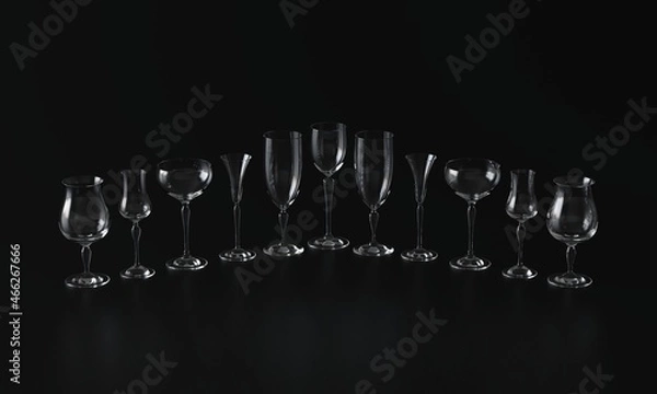 Fototapeta Lots of wine glasses of different shapes. Dark background. 3d rendering