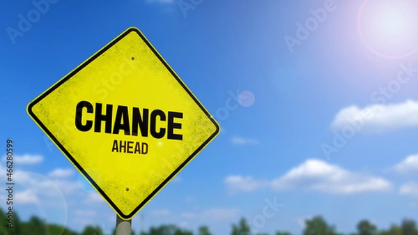 Fototapeta 3D-Illustration of a yellow warning sign that says 'CHANCE AHEAD' in front of a blue sky
