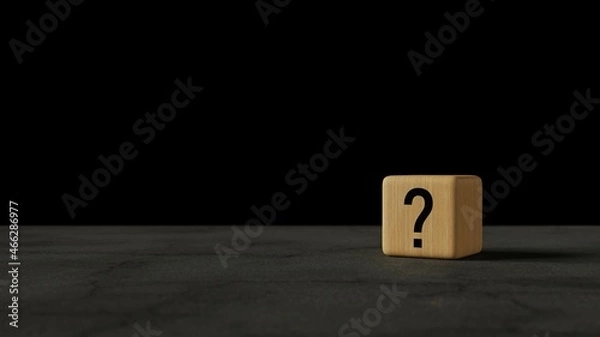 Fototapeta 3D-Illustration of a wooden cube with a question mark printed on it on a black background