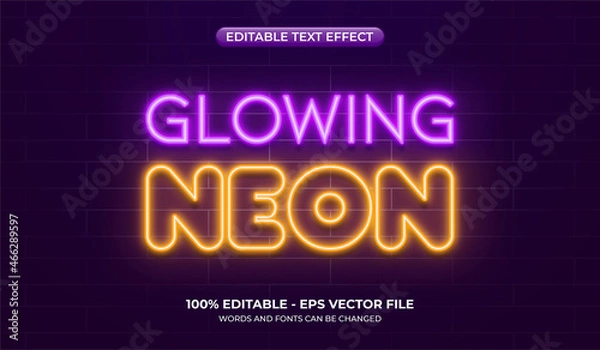 Fototapeta Glowing neon text effect on the brick wall background. Text glows in the dark