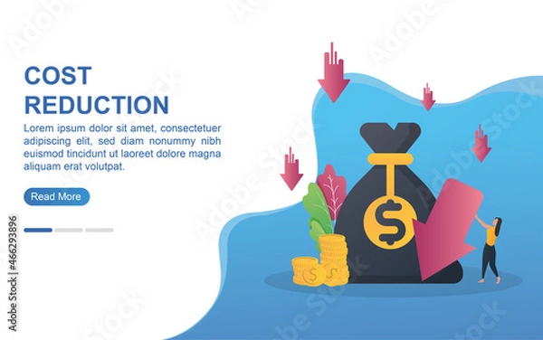 Fototapeta cost reduction concept with big money bag and arrow pointing down.