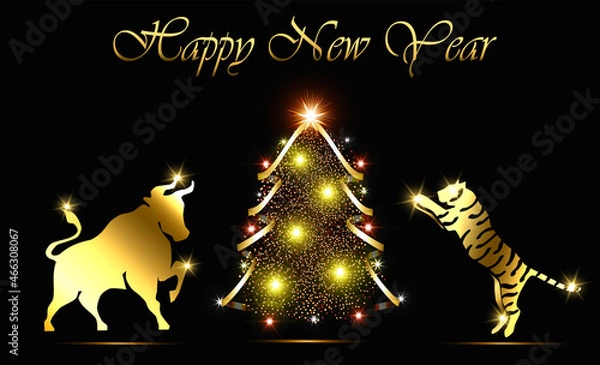 Fototapeta Happy New Year 2022 card with golden tiger and bull