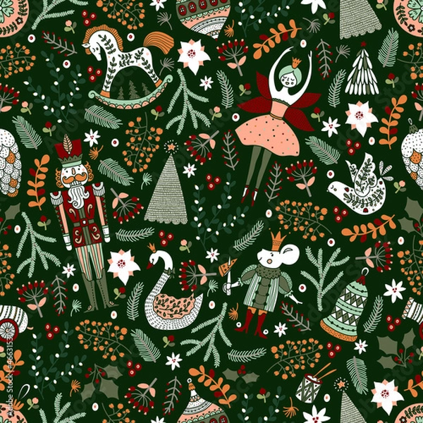 Obraz Christmas vector seamless Nutcracker pattern and winter florals.  Seamless pattern can be used for wallpaper, pattern fills, web page background, surface textures.